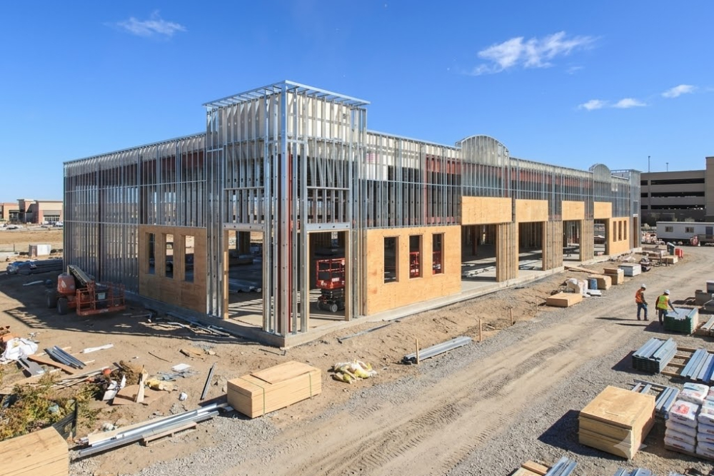 Construction site with a partially framed two-story building, metal studs and plywood walls, and workers with materials nearby.