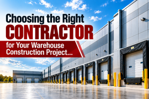 Exterior of a warehouse with many loading bays and a bold red banner that reads 'Choosing the Right Contractor for Your Warehouse Construction Project'.